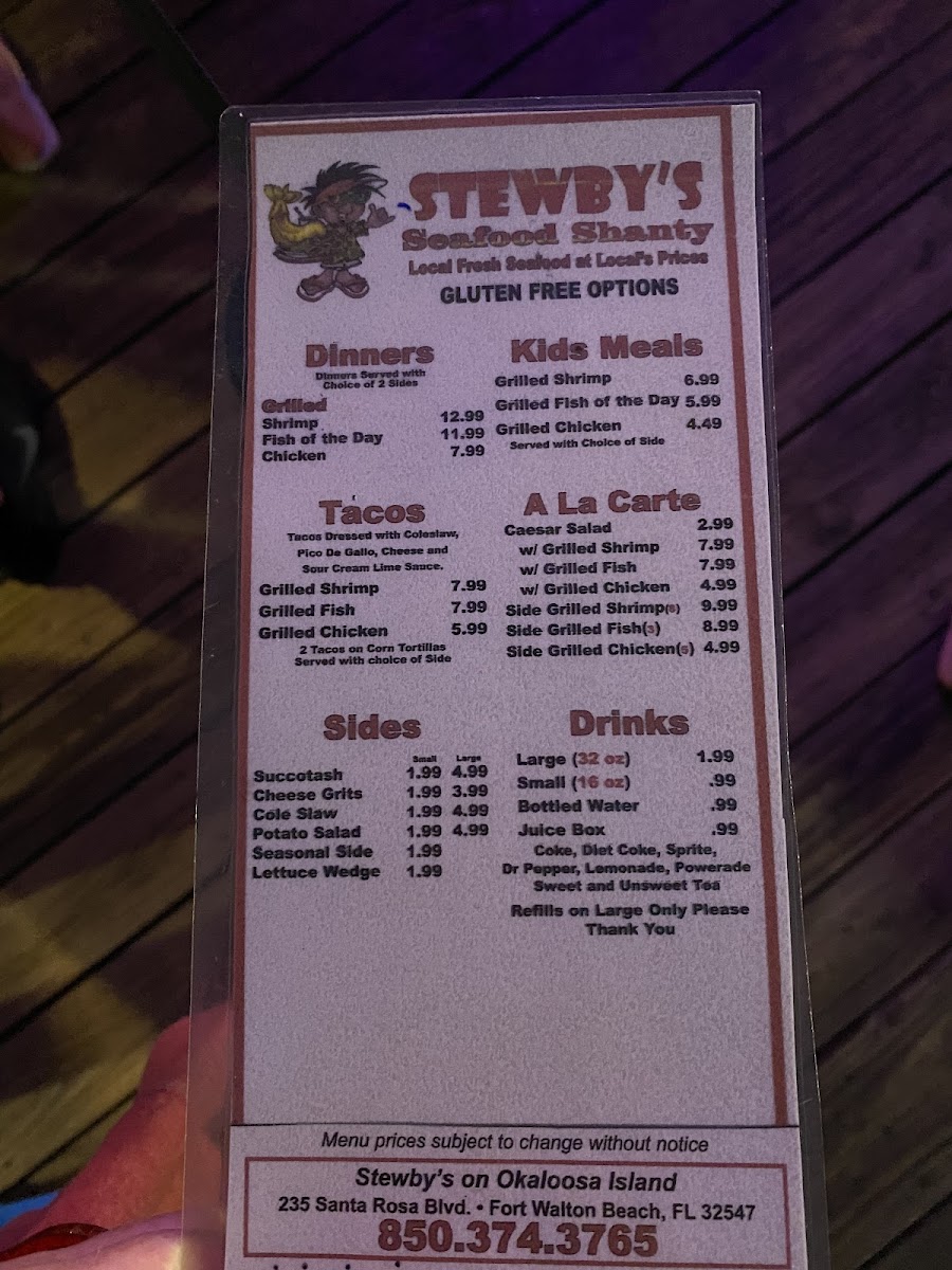 Stewby's Seafood Shanty gluten-free menu