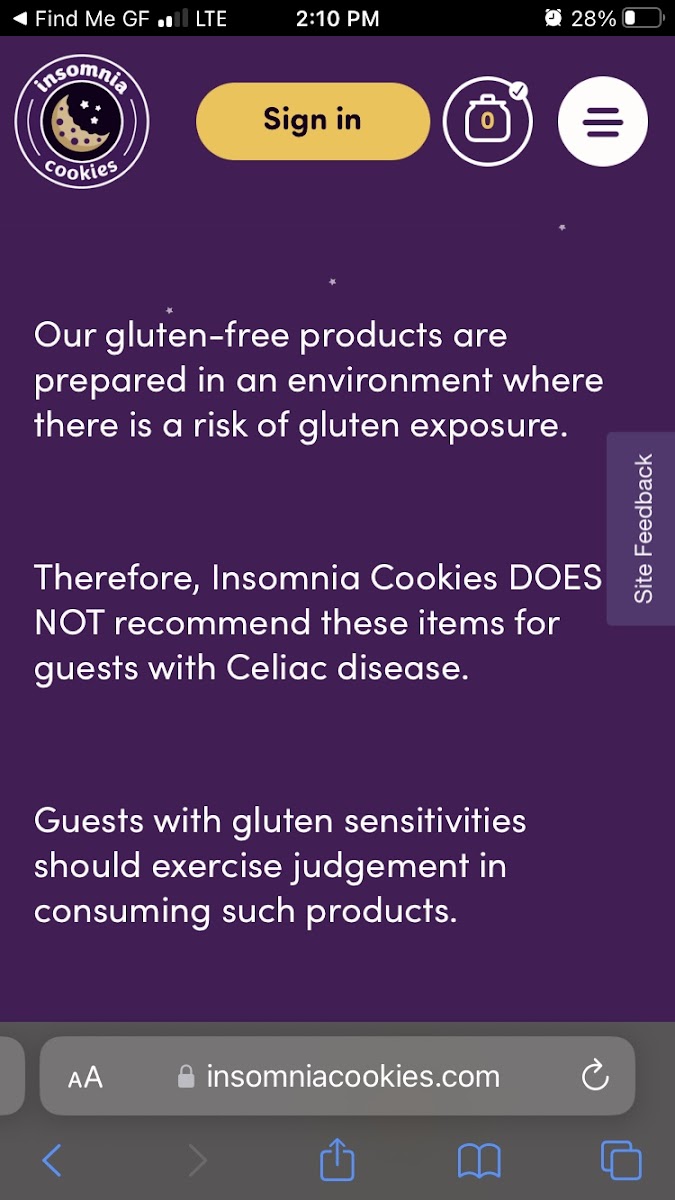 Insomnia Cookies gluten-free menu