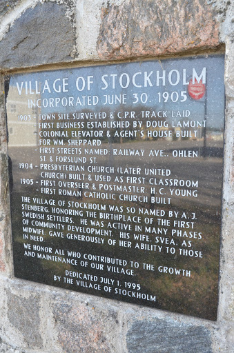 Village of Stockholmincorporated June 30, 1905Dedicated July 1, 1995, by the Village of StockholmSubmitted by: Jody Herperger