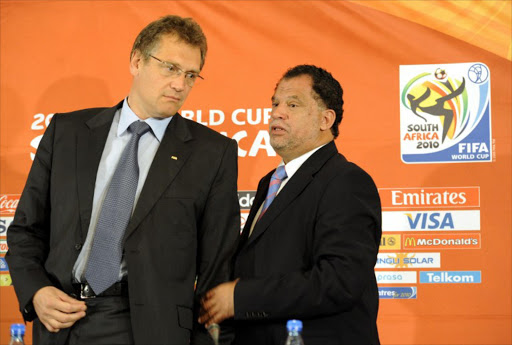 Jérôme Valcke (L), FIFA Secretary General talks with Danny Jordaan. Work would begin on a R100 million national technical centre, in part funded by the 2010 World Cup Legacy Trust, SA Football Association presidentJordaan said on Thursday 13 November 2014.