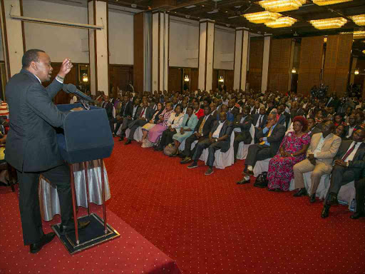 President Uhuru addressing religious leaders from Elgeyo-Marakwet County during a fundraiser organized by ELMA Mtumishi SACCO at a Nairobi hotel on September 9th. PSCU