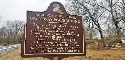 Galloway Place, also known as Hodgkins Place, is a well-preserved conical mound on the eastern edge of Macon Ridge. It is 10 feet tall and 80 feet in diameter. Soil studied and artifacts suggest...