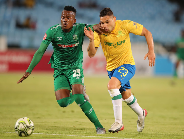 Ali Meza of Mamelodi Sundowns challenged by Phumlani Gumede of AmaZulu during the Absa Premiership 2019/20 match between Mamelodi Sundowns and AmaZulu at Loftus Versfeld Stadium, Pretoria, on 26 November 2019.