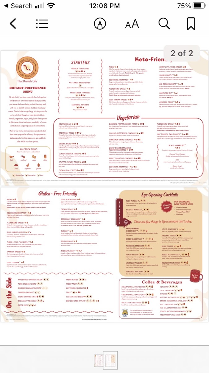 Ruby Sunshine gluten-free menu