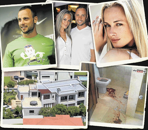 GRIM SCENE: Oscar Pistorius and Reeva Steenkamp, top, and the home in a luxury estate in eastern Pretoria where he shot her in the early hours of Valentine's Day last year, bottom left. On the right is the scene of the shooting, an enclosed toilet inside the master bathroom