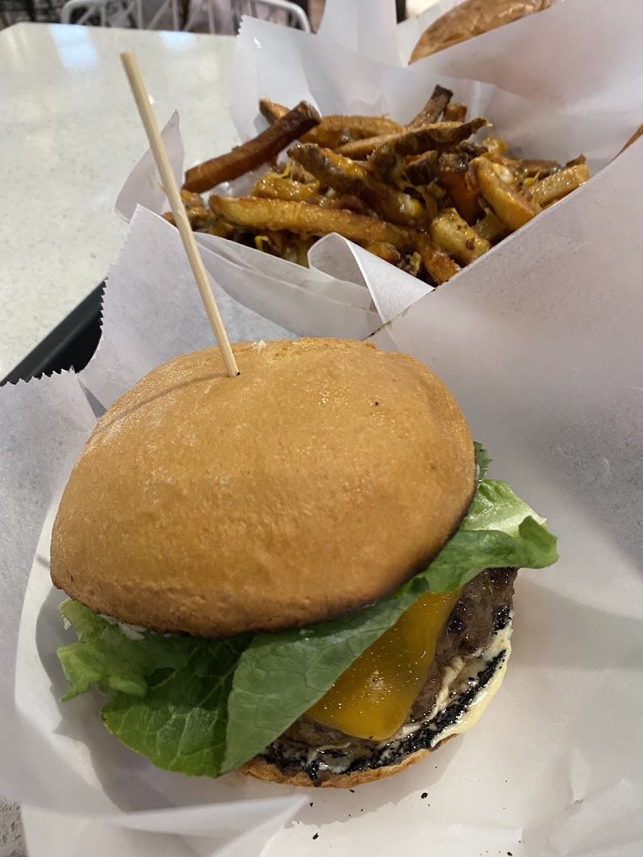 All American burger on gluten free bun and ranger fries