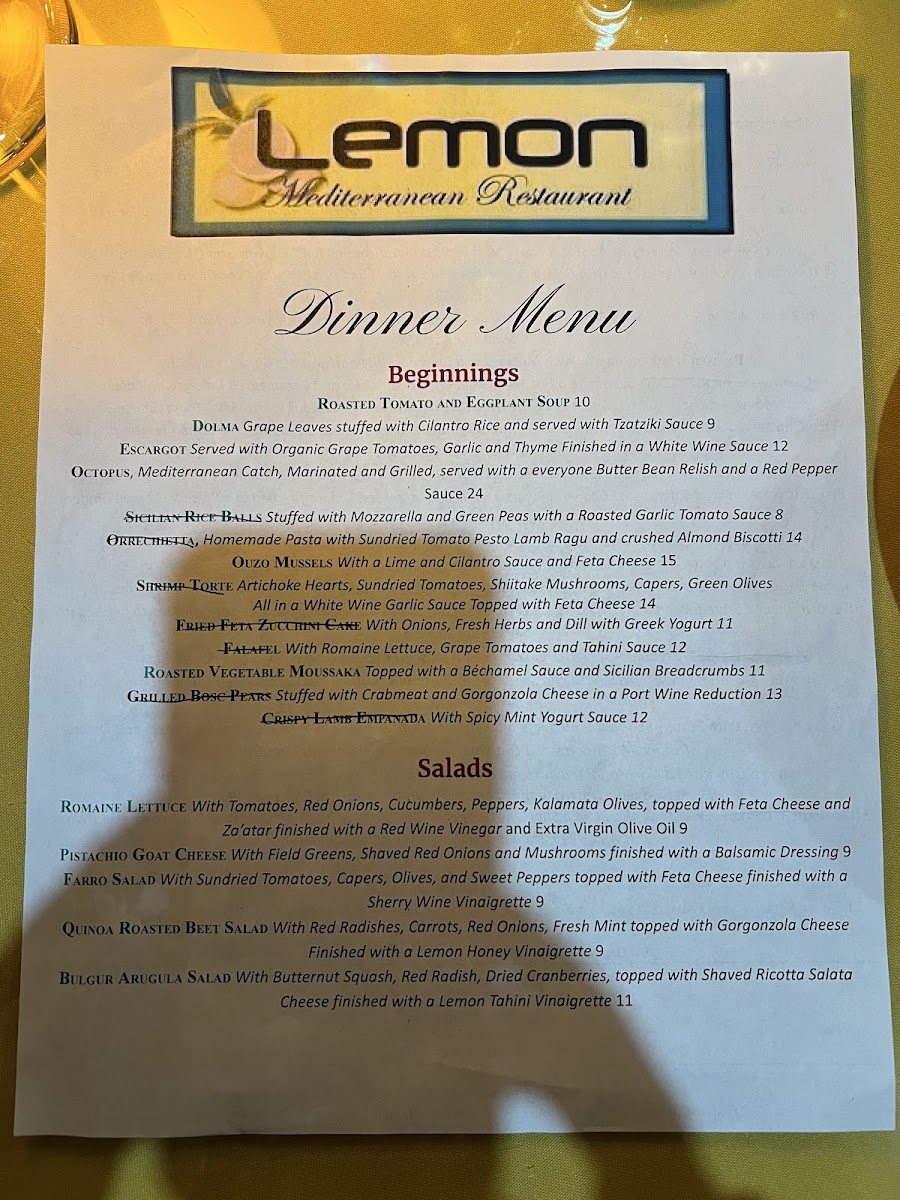 Lemon gluten-free menu