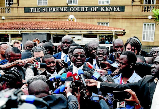 Kenyan opposition National Super Alliance (Nasa) coalition lead lawyer, James Orengo, attends a news conference outside the Supreme Court in Nairobi yesterday. / Thomas Mukoya / REUTERS