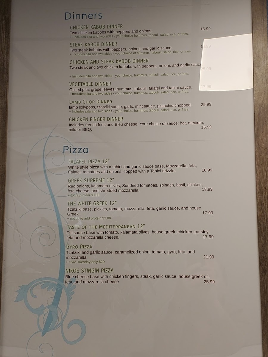 Nikos Mediterranean gluten-free menu