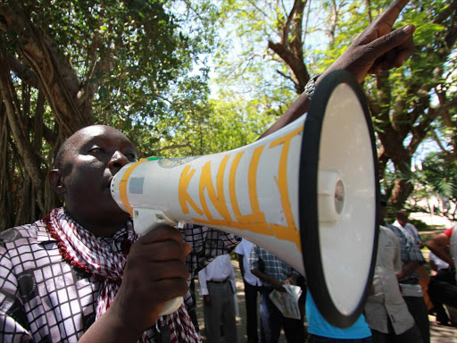 WE WON’T COMPLY: Knut Kilindini chairman Dan Aloo addresses striking teachers at Treasury Square, Mom- basa, on September 19, 2012.