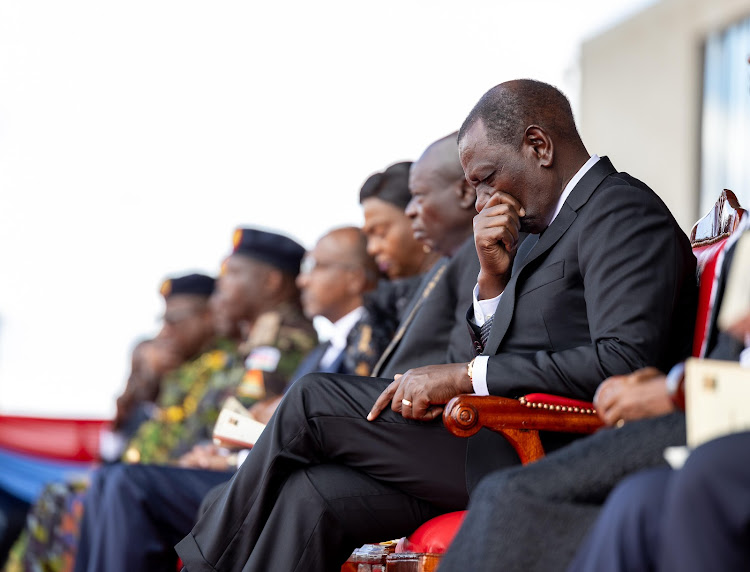 President William Ruto during the memorial service of late General Francis Ogolla at Ulinzi sports complex on April 20, 2024.
