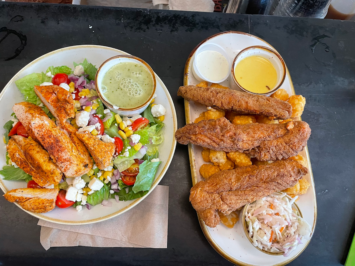 Gluten free chicken strips and tots and Southwest salad