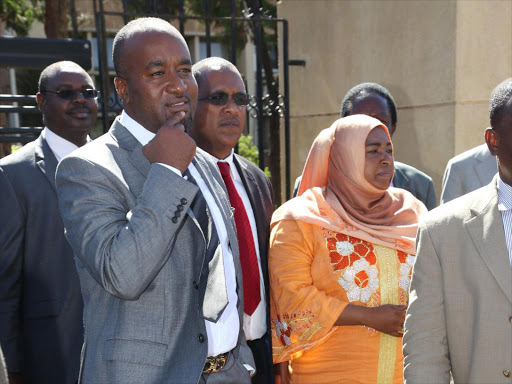Mombasa Governor Hassan Joho, at Parliament Buildings before the swearing in of the newly elected Malindi MP Willy Mtengo yesterday. Joho has not surrended his fi re arms after being directed to do so by the police.