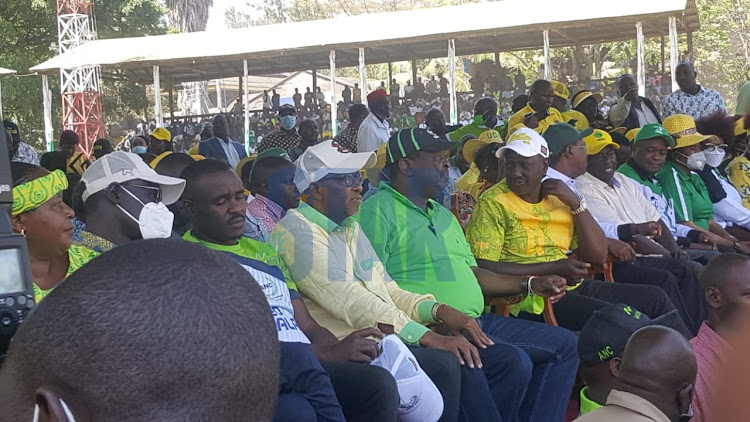 Garissa Township MP Aden Duale, ANC party leader Musalia Mudavadi and DP Ruto during the UDA/ANC mega rally at Nakuru ASK Showground. PHOTO/JEPTUM CHESIYNA