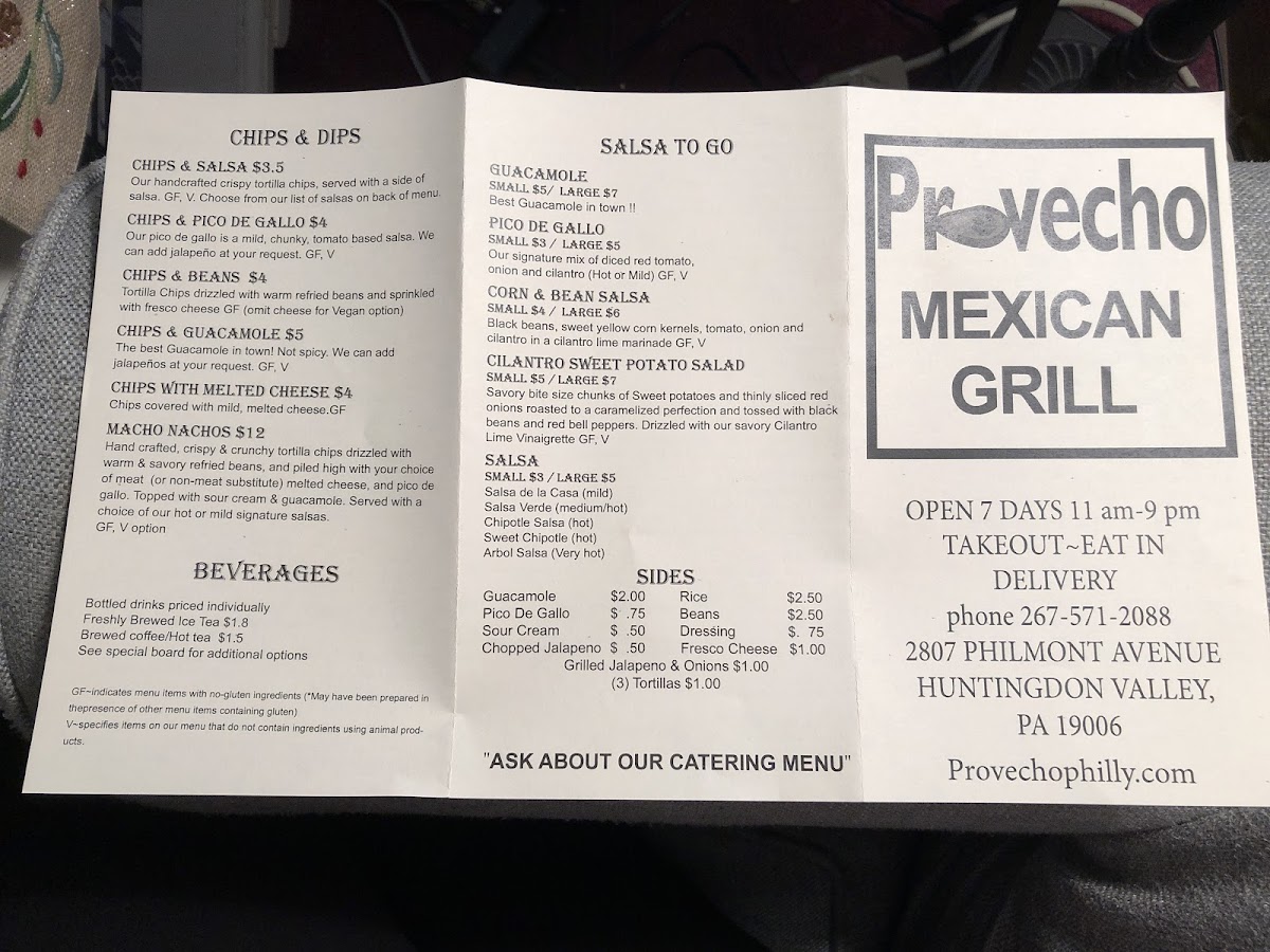 Provecho Mexican Grill gluten-free menu