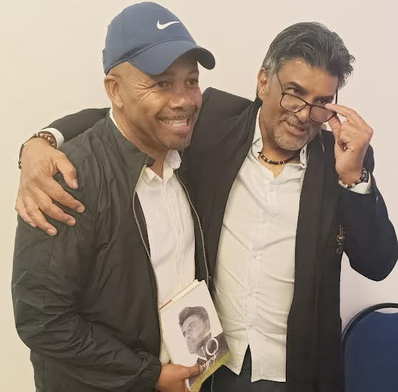 Gora Ebrahim and former Orlando Pirates teammate Teboho Moloi at the launch of the former's book, 'No Regrets', in Johannesburg.