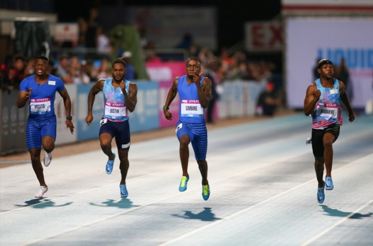 Lehata Mosito, Justin Walker, Akani Simbine and Simon Magakwe in the mens 100m A race during the 2018 Liquid Telecom Athletix Grand Prix Series at Tuks Stadium on March 08, 2018 in Pretoria.