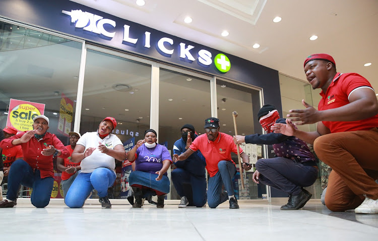EFF members came out in numbers on Monday at the Mall of Africa to make sure the Clicks store remained closed after a ‘racist’ advert for hair products was featured on the retailer's website. Picture: THAPELO MOREBUDI/SUNDAY TIMES