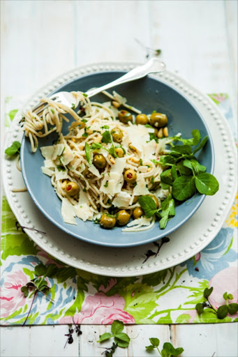 Spaghetti with zesty lemon sauce This toss-together pasta sauce of lemon, olives, pine nuts and parsley requires next to no cooking; it's a vibrant dish to serve up in summer.