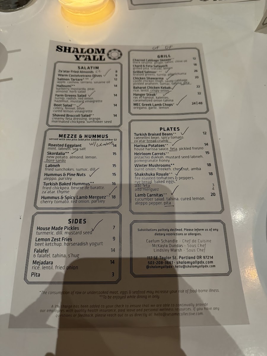 Menu marked up for gf/df