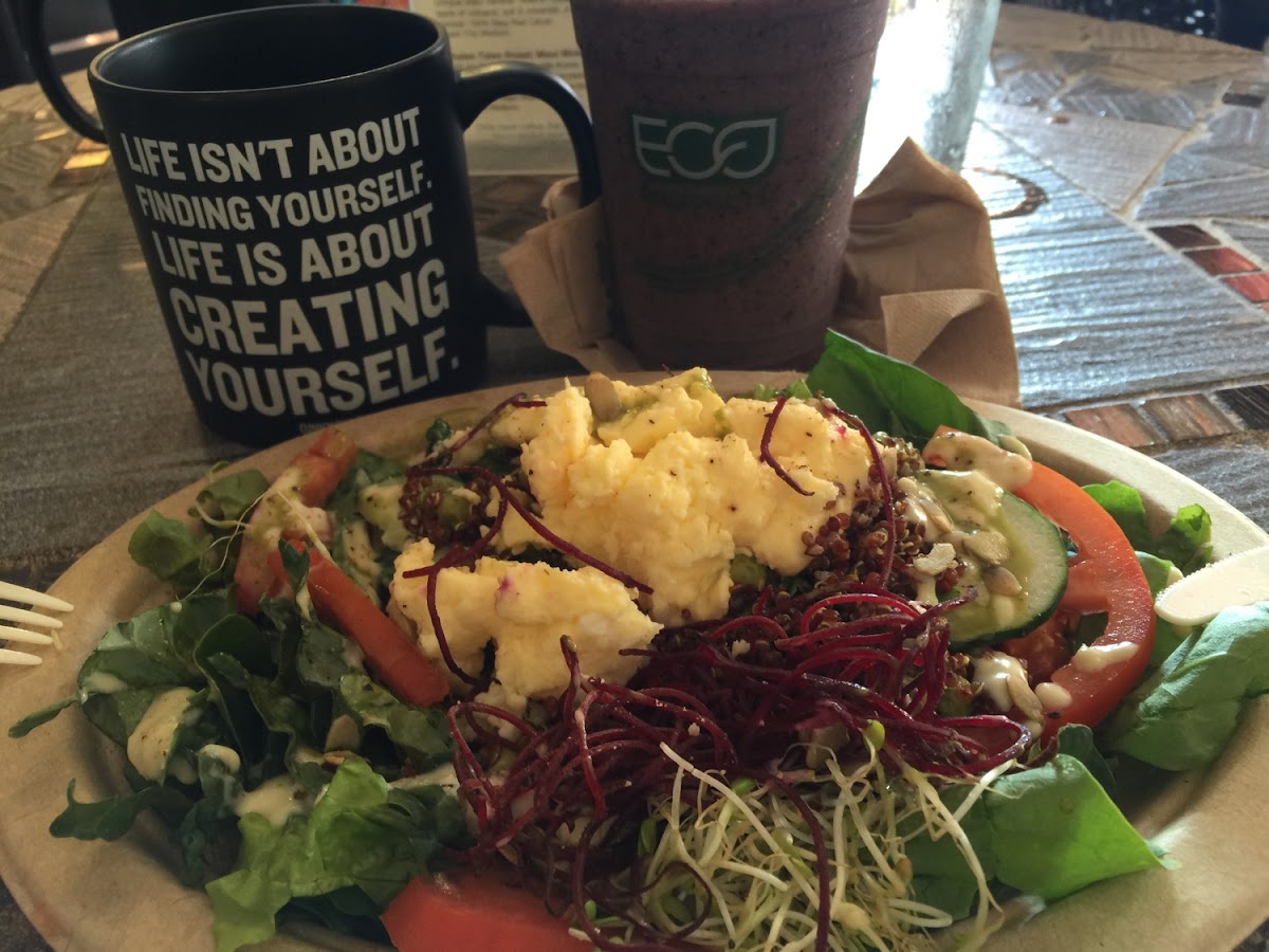 This is the quinoa bowl. I added the egg. Coffee is served in house mugs and the smoothie was delici