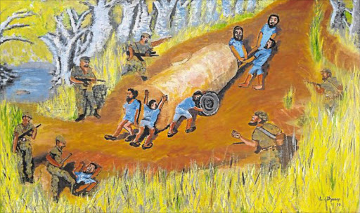 HARSH TREATMENT: Luthando Dyasop’s painting Amaswaiman of prisoners pushing and pulling a 1000-litre Russian-made watertank uphill from a stream to Quatro, being beaten as they went