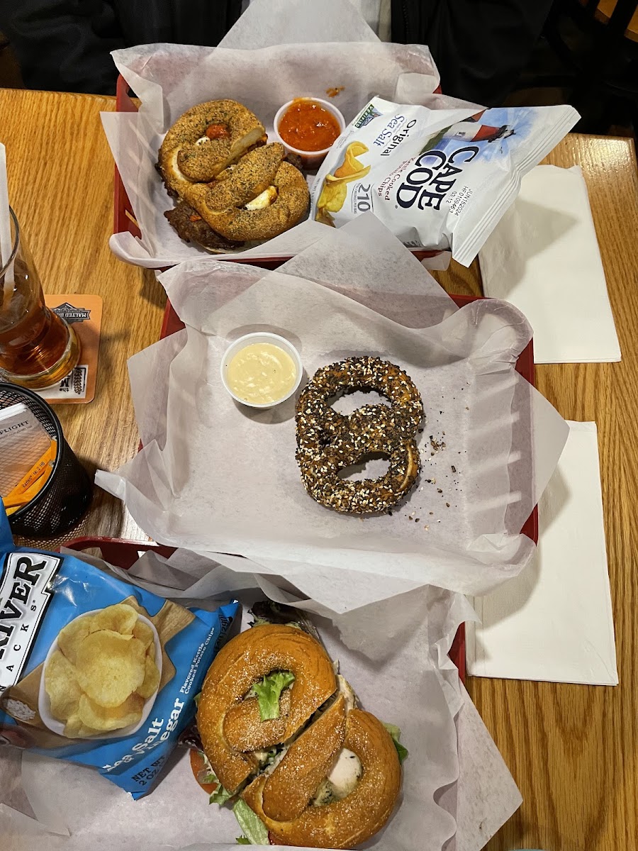 GF Meatball Sandwich, Everything pretzel, and Cali Chicken Sandwich