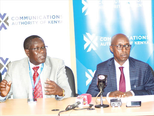 CAK director general Francis Wangusi (left) with chairman Ngene Gituku at a media briefing on April 20, 2016.