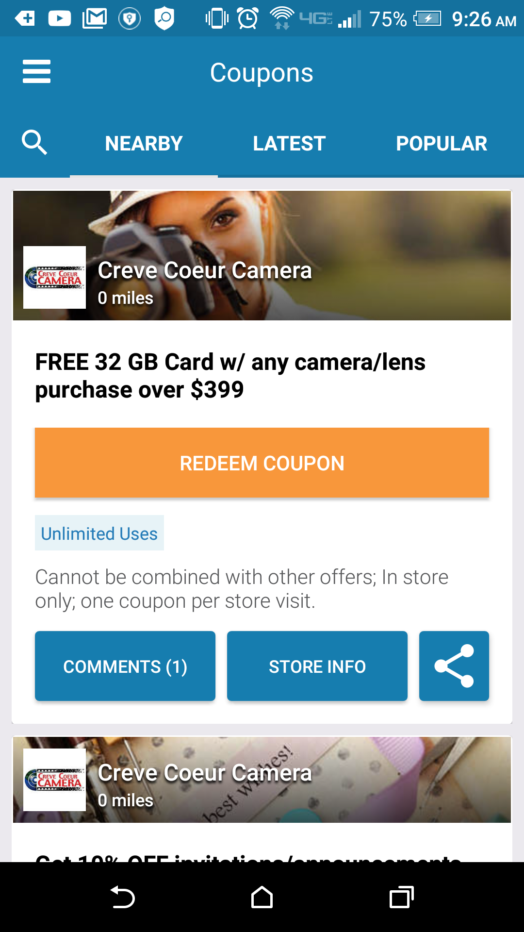 Android application Creve Coeur Camera Coupons screenshort