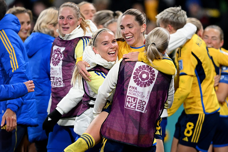 Sweden players celebrate the team's victory through the penalty shootout in their Women's World Cup last 16 match against the US at Melbourne Rectangular Stadium on August 6 2023.Quinn Rooney/Getty Images)