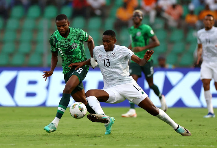 Bafana Bafana's Sphephelo Sithole challenges Nigeria's Frank Onyeka in the Africa Cup of Nations semifinal at Stade de la Paix in Bouake in Ivory Coast on Wednesday.