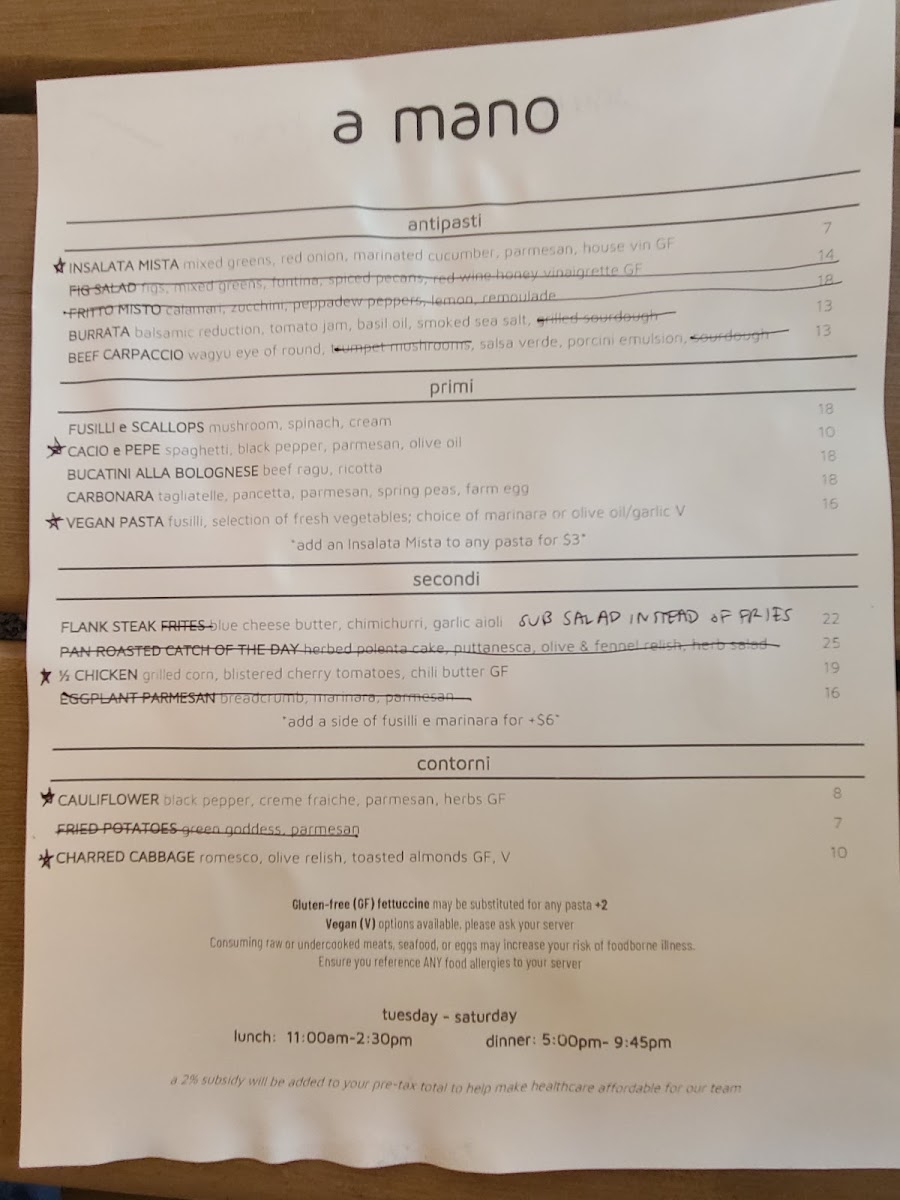 Dinner menu with GF options marked