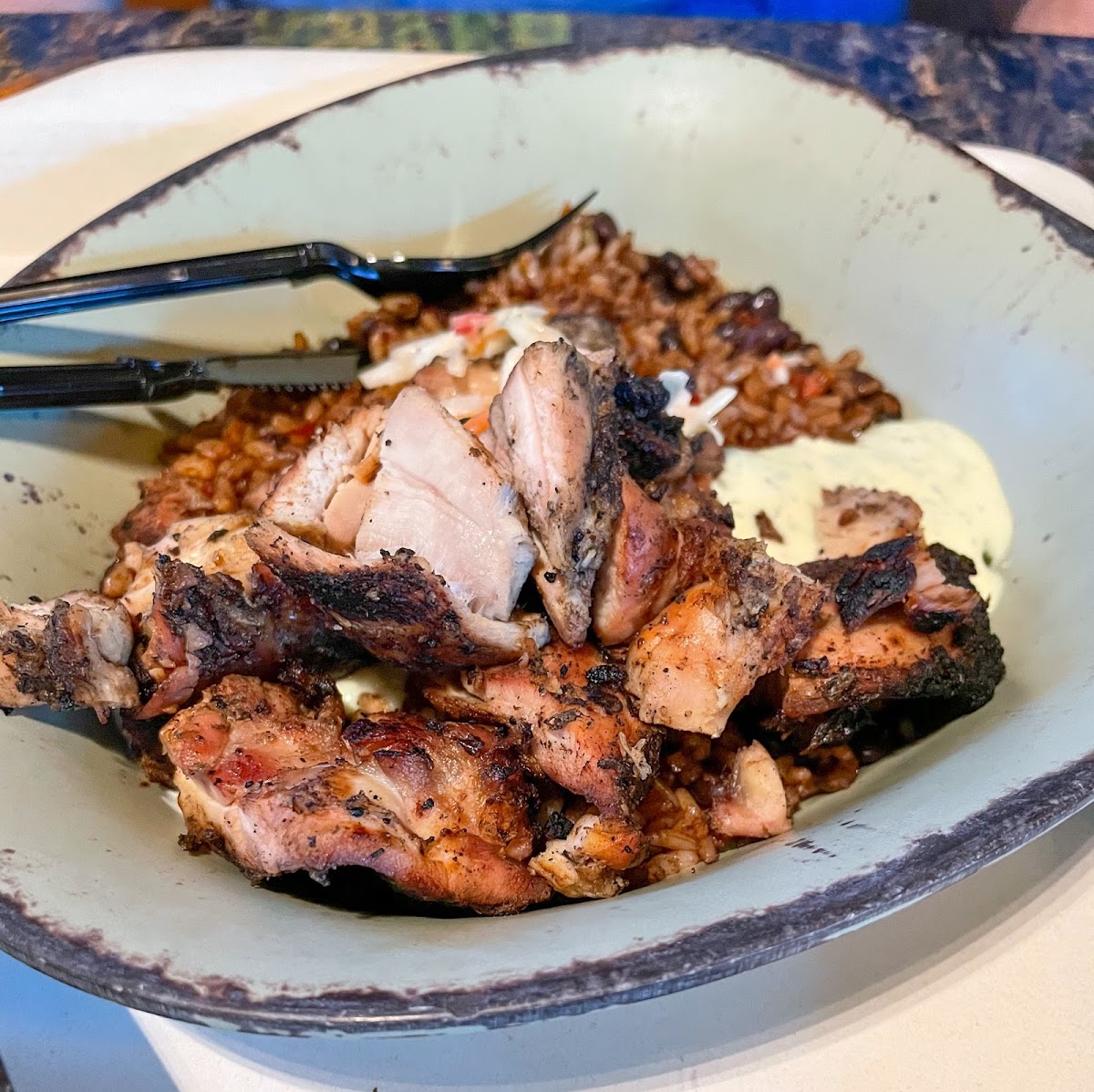 Chopped wood-grilled chicken, rice, black beans, & creamy herb dressing.