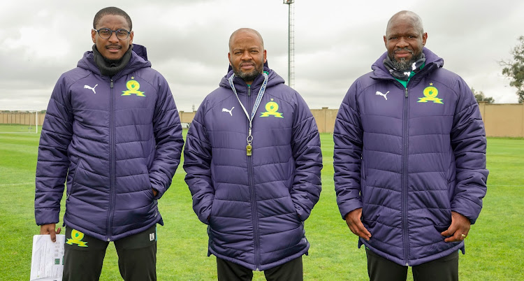 "Senior coach" Steve Komphela (R) joined joint-coaches Manqoba Mngqithi (C) and Rulani Mokwena (L) for his first training sessions as a Mamelodi Sundowns coach on Monday October 12 2020.