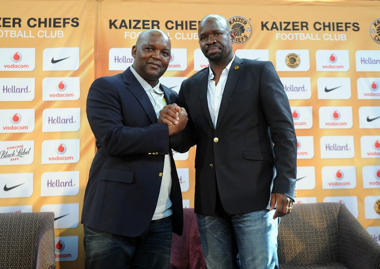 Pitso Mosimane coach of Mamelosi Sundowns and Steve Komphela coach of Kaizer Chiefs during the Absa Premiership Kaizer Chiefs and Mamelodi Sundowns Press Conference on the 30 March 2017 at Hollard Offices.