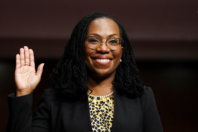 Ketanji Brown Jackson is sworn in to testify before a Senate Judiciary Committee hearing on pending judicial nominations on Capitol Hill in Washington, U.S. on April 28, 2021.