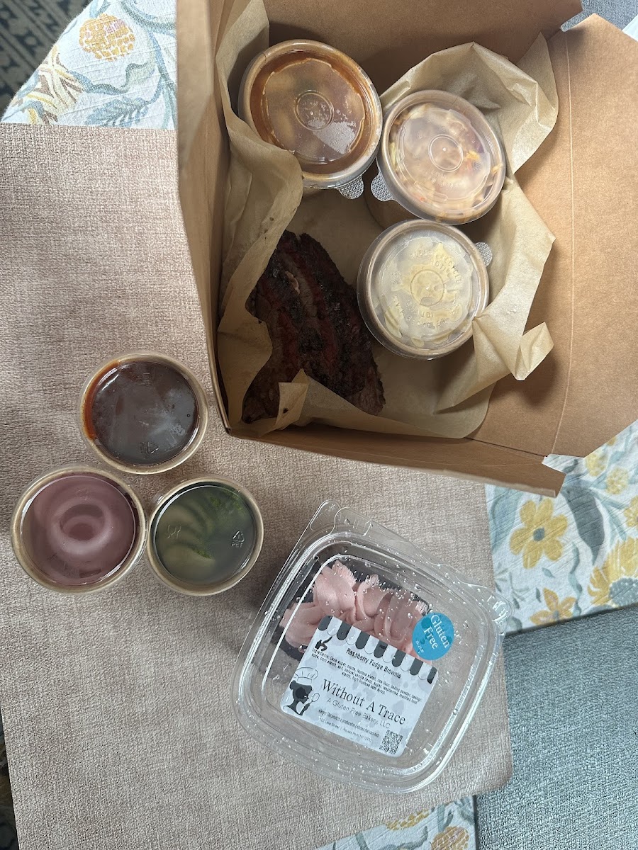 Brisket plate with added gluten free Mac and cheese snd gluten free dessert from a local dedicated bakery.