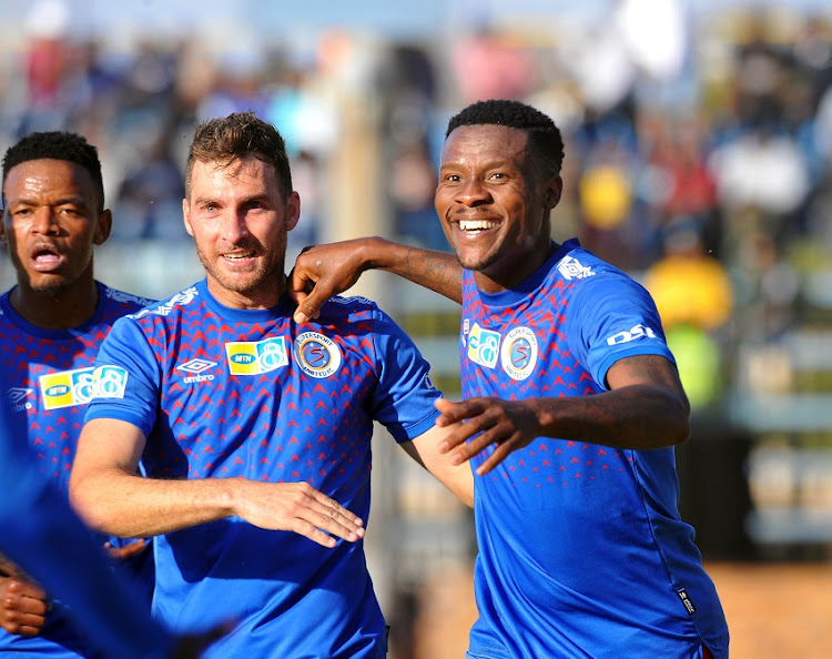 Thamsanqa Gabuza of Supersport United celebrates goal with teammates during the MTN8 2019 Quarter Final match between Bidvest Wits and SuperSport United on the 18 August 2019 at Bidvest Stadium.