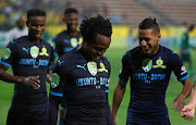Percy Tau of Mamelodi Sundowns celebrates goal with teammates during the 2018 Nedbank Cup Last 32 football match between Cape Town All Stars and Mamelodi Sundowns at Athlone Stadium, Cape Town on 9 February 2018.