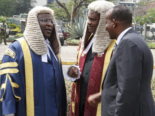 Speakers Ekwe Ethuro (Senate) and Justin Muturi (National Assembly) and Majority leader Aden Duale during a special sitting in parliament, May 29, 2015. Photo/FILE