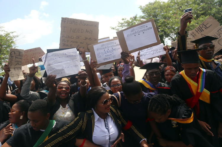 Unemployed graduates marched to the premier's office in the Eastern Cape in 2017 to demand jobs. The writer says the quality of the entrepreneurial environment has regressed.