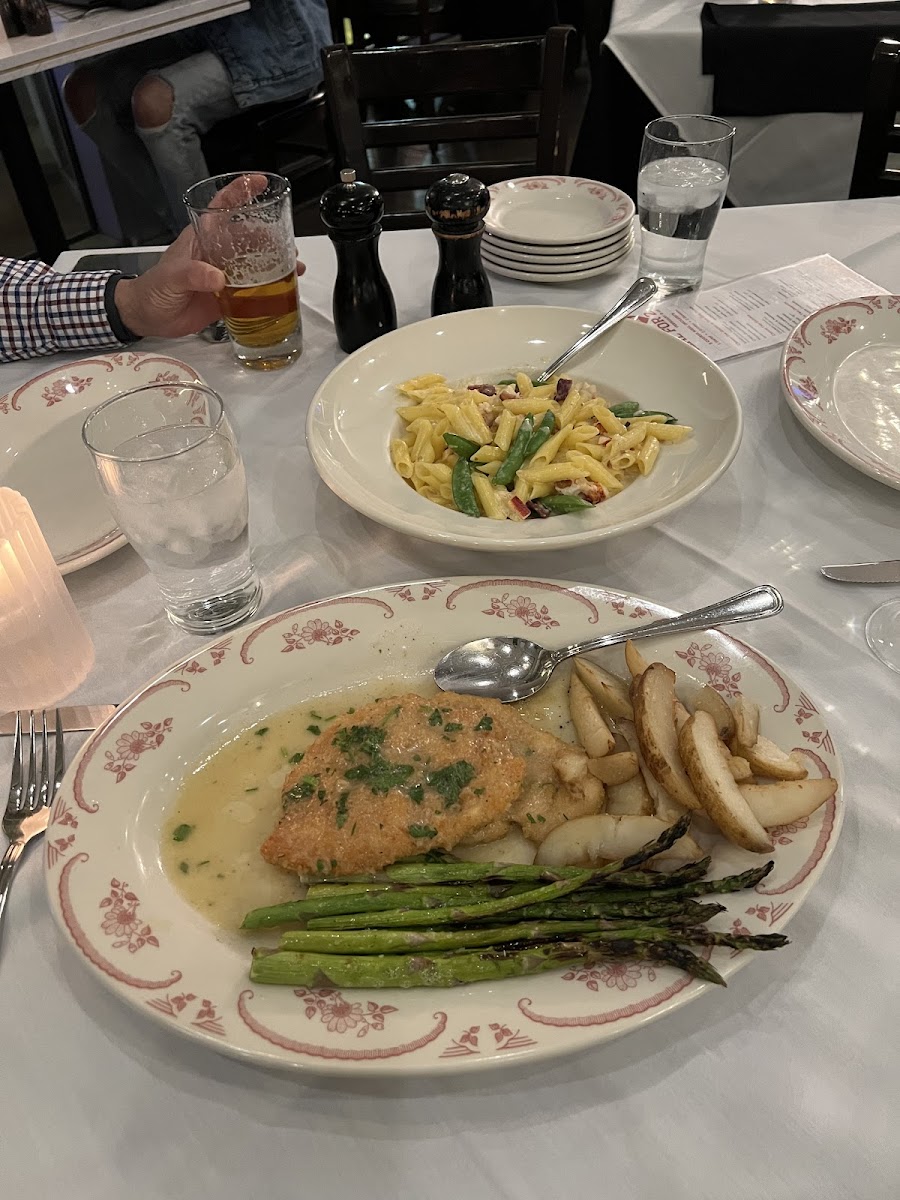 Chicken francese (parm style) and lobster catbonara