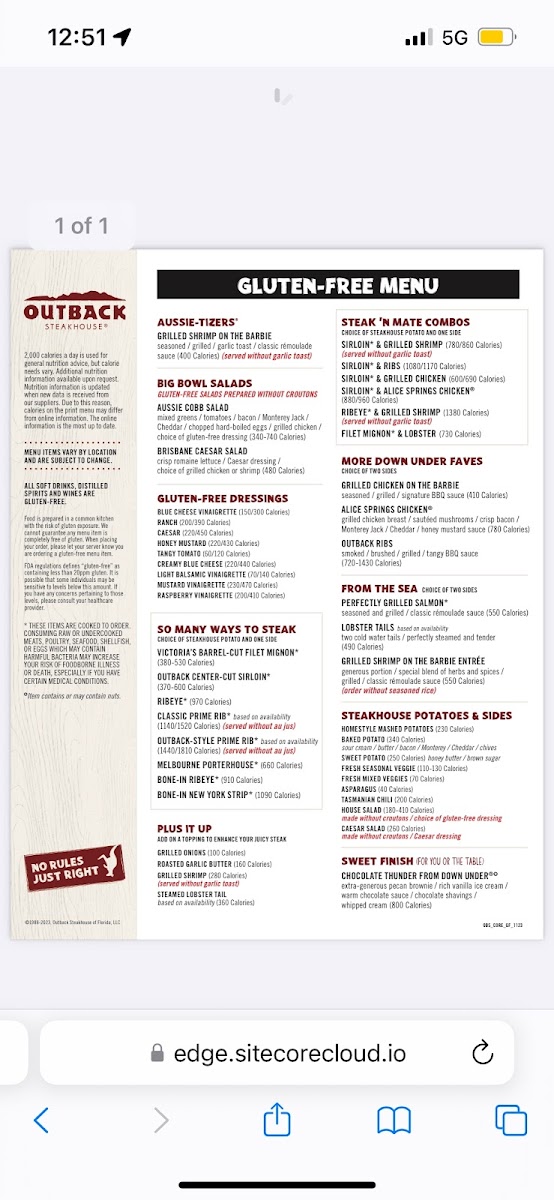 Outback Steakhouse gluten-free menu