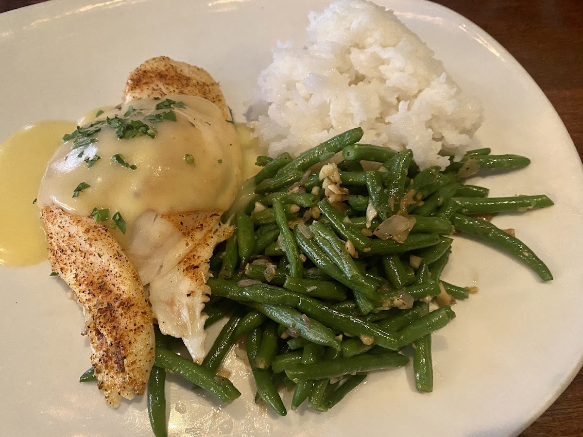 Crab stuffed flounder with garlicky green beans and rice