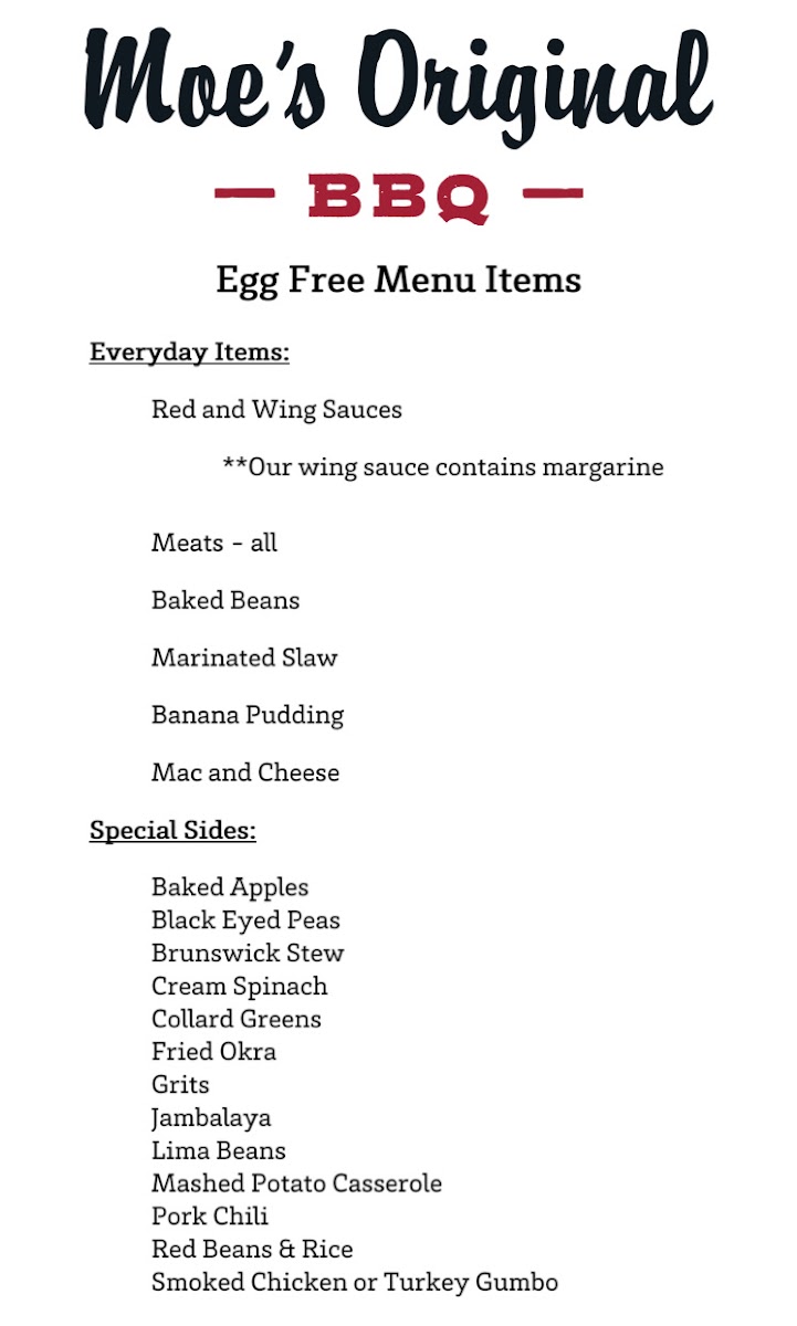 Egg Free Menu