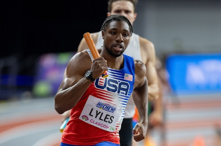 Noah Lyles during the 4x400m relay final at the World Indoor Championships in Glasgow in March. Picture: Sam Mellish/Getty Images