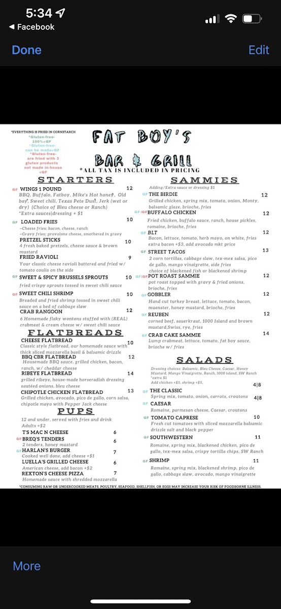 Fat Boy's Bar & Grill gluten-free menu