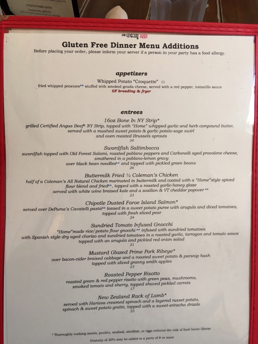 Home gluten-free menu