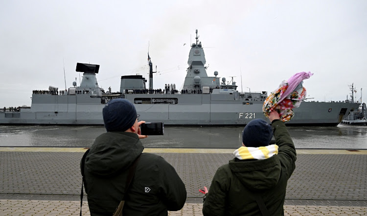 The German frigate Hessen received a send-off to the Red Sea from Wilhelmshaven on February 8, where it participatef in the international mission to protect shipping in the Red Sea. Picture: CARMEN JASPERSEN/REUTERS