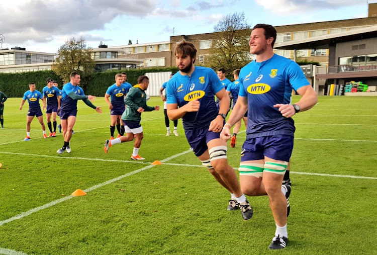 The Springboks players looking in good spirits during training at their base in London ahead of South Africa's northern hemisphere tour match against England at Twickenham on November 3, 2018.